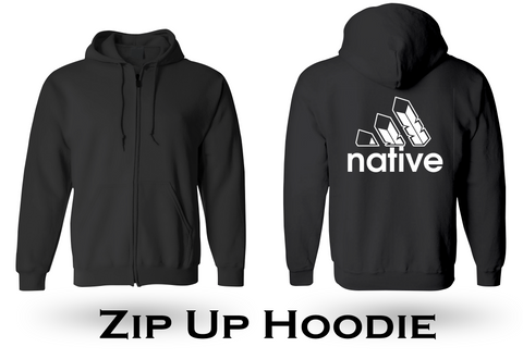 Native 3 Feather Logo 2- Zip Up Black Hoodie